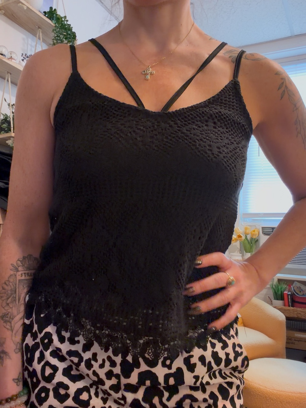 Vintage Black Crochet Lace Cami Tank Top Double Strap S/M